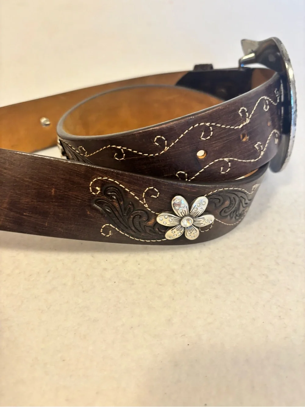 Justin 125 Year Western Leather Belt Rhinestone Buckle Floral Size 40
